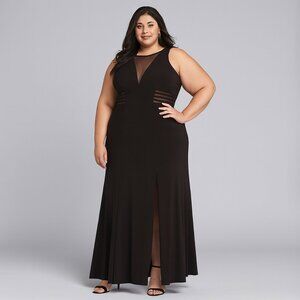 NW Woman Black Sleeveless Long Jersey Illusion V-Neck Formal Gown 18W